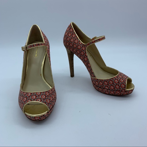 Coach Red and Gold Patterned Heels - Picture 3 of 16